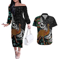 New Zealand Fern and Australia Emu Couples Matching Off The Shoulder Long Sleeve Dress and Hawaiian Shirt Aboriginal Mix Maori Pattern LT03 Blue - Polynesian Pride