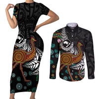 New Zealand Fern and Australia Emu Couples Matching Short Sleeve Bodycon Dress and Long Sleeve Button Shirt Aboriginal Mix Maori Pattern LT03 Blue - Polynesian Pride