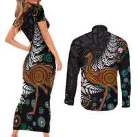 New Zealand Fern and Australia Emu Couples Matching Short Sleeve Bodycon Dress and Long Sleeve Button Shirt Aboriginal Mix Maori Pattern LT03 - Polynesian Pride