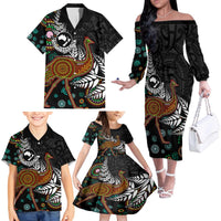 New Zealand Fern and Australia Emu Family Matching Off The Shoulder Long Sleeve Dress and Hawaiian Shirt Aboriginal Mix Maori Pattern LT03 - Polynesian Pride