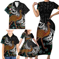 New Zealand Fern and Australia Emu Family Matching Short Sleeve Bodycon Dress and Hawaiian Shirt Aboriginal Mix Maori Pattern LT03 - Polynesian Pride