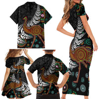New Zealand Fern and Australia Emu Family Matching Short Sleeve Bodycon Dress and Hawaiian Shirt Aboriginal Mix Maori Pattern LT03 - Polynesian Pride
