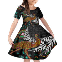 New Zealand Fern and Australia Emu Family Matching Summer Maxi Dress and Hawaiian Shirt Aboriginal Mix Maori Pattern LT03 Daughter's Dress Blue - Polynesian Pride