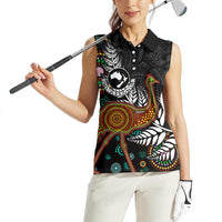 New Zealand Fern and Australia Emu Women Sleeveless Polo Shirt Aboriginal Mix Maori Pattern