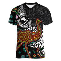 New Zealand Fern and Australia Emu Women V-Neck T-Shirt Aboriginal Mix Maori Pattern