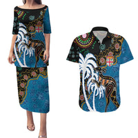 Fiji Palm Tree and Australia Kangaroo Couples Matching Puletasi and Hawaiian Shirt Aboriginal Mix Tapa Pattern LT03 Blue - Polynesian Pride