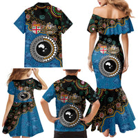 Fiji Palm Tree and Australia Kangaroo Family Matching Mermaid Dress and Hawaiian Shirt Aboriginal Mix Tapa Pattern