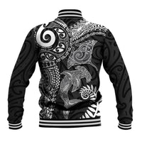 Aotearoa Maori Sea Animals Tribal Baseball Jacket Manta Ray and Shark Moko Pattern Black Color