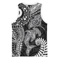 Aotearoa Maori Sea Animals Tribal Basketball Jersey Manta Ray and Shark Moko Pattern Black Color