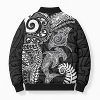 Aotearoa Maori Sea Animals Tribal Bomber Puffer Jacket Manta Ray and Shark Moko Pattern Black Color