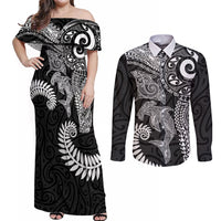 Aotearoa Maori Sea Animals Tribal Couples Matching Off Shoulder Maxi Dress and Long Sleeve Button Shirt Manta Ray and Shark Moko Pattern Black Color LT03 Black - Polynesian Pride