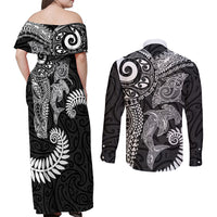 Aotearoa Maori Sea Animals Tribal Couples Matching Off Shoulder Maxi Dress and Long Sleeve Button Shirt Manta Ray and Shark Moko Pattern Black Color LT03 - Polynesian Pride