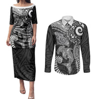 Aotearoa Maori Sea Animals Tribal Couples Matching Puletasi and Long Sleeve Button Shirt Manta Ray and Shark Moko Pattern Black Color LT03 Black - Polynesian Pride