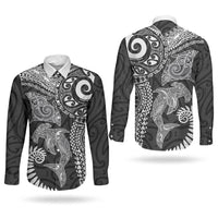 Aotearoa Maori Sea Animals Tribal Couples Matching Puletasi and Long Sleeve Button Shirt Manta Ray and Shark Moko Pattern Black Color LT03 - Polynesian Pride