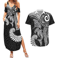Aotearoa Maori Sea Animals Tribal Couples Matching Summer Maxi Dress and Hawaiian Shirt Manta Ray and Shark Moko Pattern Black Color LT03 Black - Polynesian Pride