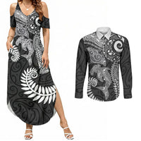 Aotearoa Maori Sea Animals Tribal Couples Matching Summer Maxi Dress and Long Sleeve Button Shirt Manta Ray and Shark Moko Pattern Black Color LT03 Black - Polynesian Pride