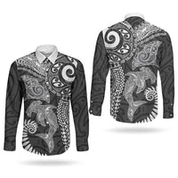 Aotearoa Maori Sea Animals Tribal Couples Matching Summer Maxi Dress and Long Sleeve Button Shirt Manta Ray and Shark Moko Pattern Black Color LT03 - Polynesian Pride