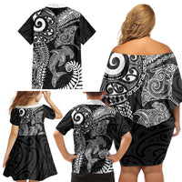 Aotearoa Maori Sea Animals Tribal Family Matching Off Shoulder Short Dress and Hawaiian Shirt Manta Ray and Shark Moko Pattern Black Color LT03 - Polynesian Pride