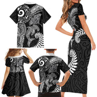 Aotearoa Maori Sea Animals Tribal Family Matching Short Sleeve Bodycon Dress and Hawaiian Shirt Manta Ray and Shark Moko Pattern Black Color LT03 - Polynesian Pride