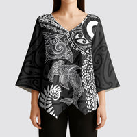 Aotearoa Maori Sea Animals Tribal Kimono Sleeve Blouse Manta Ray and Shark Moko Pattern Black Color