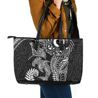 Aotearoa Maori Sea Animals Tribal Leather Tote Bag Manta Ray and Shark Moko Pattern Black Color