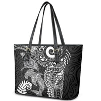 Aotearoa Maori Sea Animals Tribal Leather Tote Bag Manta Ray and Shark Moko Pattern Black Color