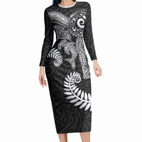 Aotearoa Maori Sea Animals Tribal Long Sleeve Bodycon Dress Manta Ray and Shark Moko Pattern Black Color LT03 Long Dress Black - Polynesian Pride