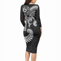 Aotearoa Maori Sea Animals Tribal Long Sleeve Bodycon Dress Manta Ray and Shark Moko Pattern Black Color LT03 - Polynesian Pride