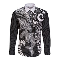 Aotearoa Maori Sea Animals Tribal Long Sleeve Button Shirt Manta Ray and Shark Moko Pattern Black Color LT03 Unisex Black - Polynesian Pride