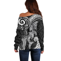 Aotearoa Maori Sea Animals Tribal Off Shoulder Sweater Manta Ray and Shark Moko Pattern Black Color LT03 - Polynesian Pride