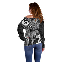 Aotearoa Maori Sea Animals Tribal Off Shoulder Sweater Manta Ray and Shark Moko Pattern Black Color LT03 - Polynesian Pride
