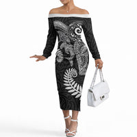 Aotearoa Maori Sea Animals Tribal Off The Shoulder Long Sleeve Dress Manta Ray and Shark Moko Pattern Black Color LT03 Women Black - Polynesian Pride