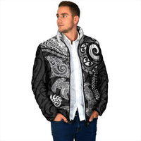 Aotearoa Maori Sea Animals Tribal Padded Jacket Manta Ray and Shark Moko Pattern Black Color