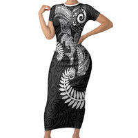 Aotearoa Maori Sea Animals Tribal Short Sleeve Bodycon Dress Manta Ray and Shark Moko Pattern Black Color LT03 Long Dress Black - Polynesian Pride