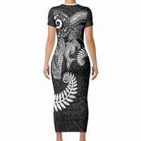 Aotearoa Maori Sea Animals Tribal Short Sleeve Bodycon Dress Manta Ray and Shark Moko Pattern Black Color LT03 - Polynesian Pride