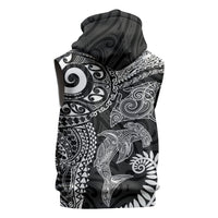 Aotearoa Maori Sea Animals Tribal Sleeveless Hoodie Manta Ray and Shark Moko Pattern Black Color LT03 - Polynesian Pride