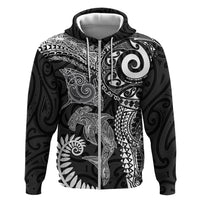 Aotearoa Maori Sea Animals Tribal Zip Hoodie Manta Ray and Shark Moko Pattern Black Color