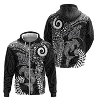 Aotearoa Maori Sea Animals Tribal Zip Hoodie Manta Ray and Shark Moko Pattern Black Color