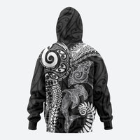 Aotearoa Maori Sea Animals Tribal Zip Hoodie Manta Ray and Shark Moko Pattern Black Color