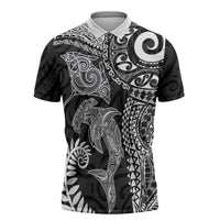 Aotearoa Maori Sea Animals Tribal Zipper Polo Shirt Manta Ray and Shark Moko Pattern Black Color LT03 Black - Polynesian Pride