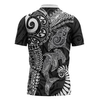 Aotearoa Maori Sea Animals Tribal Zipper Polo Shirt Manta Ray and Shark Moko Pattern Black Color LT03 - Polynesian Pride