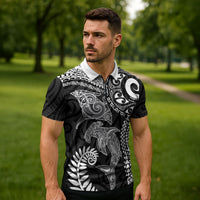 Aotearoa Maori Sea Animals Tribal Zipper Polo Shirt Manta Ray and Shark Moko Pattern Black Color LT03 - Polynesian Pride