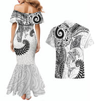 Aotearoa Maori Sea Animals Tribal Couples Matching Mermaid Dress and Hawaiian Shirt Manta Ray and Shark Moko Pattern White Color LT03 - Polynesian Pride