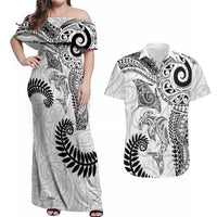 Aotearoa Maori Sea Animals Tribal Couples Matching Off Shoulder Maxi Dress and Hawaiian Shirt Manta Ray and Shark Moko Pattern White Color LT03 White - Polynesian Pride