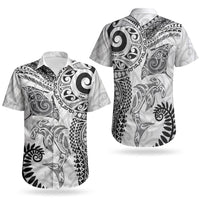 Aotearoa Maori Sea Animals Tribal Couples Matching Off Shoulder Maxi Dress and Hawaiian Shirt Manta Ray and Shark Moko Pattern White Color LT03 - Polynesian Pride