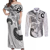 Aotearoa Maori Sea Animals Tribal Couples Matching Off Shoulder Maxi Dress and Long Sleeve Button Shirt Manta Ray and Shark Moko Pattern White Color LT03 White - Polynesian Pride