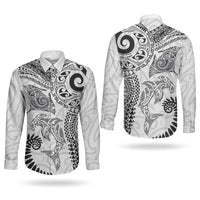 Aotearoa Maori Sea Animals Tribal Couples Matching Off Shoulder Maxi Dress and Long Sleeve Button Shirt Manta Ray and Shark Moko Pattern White Color LT03 - Polynesian Pride