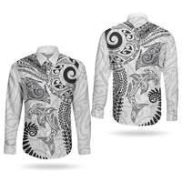 Aotearoa Maori Sea Animals Tribal Couples Matching Off Shoulder Short Dress and Long Sleeve Button Shirt Manta Ray and Shark Moko Pattern White Color LT03 - Polynesian Pride