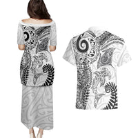 Aotearoa Maori Sea Animals Tribal Couples Matching Puletasi and Hawaiian Shirt Manta Ray and Shark Moko Pattern White Color LT03 - Polynesian Pride
