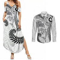 Aotearoa Maori Sea Animals Tribal Couples Matching Summer Maxi Dress and Long Sleeve Button Shirt Manta Ray and Shark Moko Pattern White Color LT03 White - Polynesian Pride